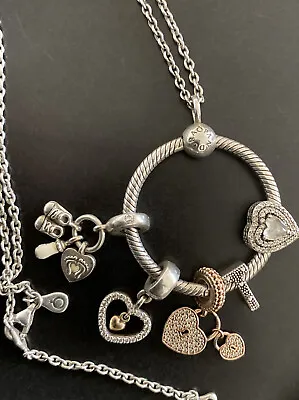 $157.50 • Buy Pandora Necklace, O Pendant Sterling Silver Pave 5 Charms Love Heart Baby ALE