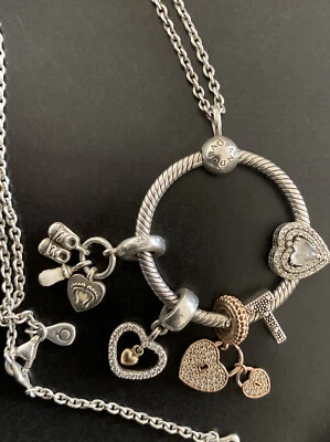 Pandora Necklace O Pendant Sterling Silver Pave 5 Charms Love Heart Baby ALE • $175