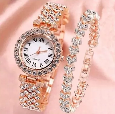 Watch And Bracelet Set Ladies Women Girls Fashion Wristwatch Gift • £8.85