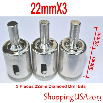 $9.98 • Buy 3 Pcs 22mm Diamond Drill Bits Set Hole Saw Cutter Tool Glass Marlbe Granite