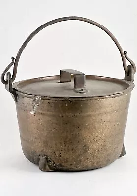 Antique Solid Brass Cauldron Wrought Iron Handle Tinned Copper Lid • $350