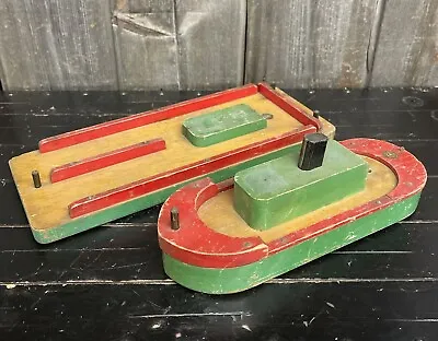 Pair Of RARE Vintage 1920s/30s Thorncraft Wooden Tug Boat And Barge Toys • $195