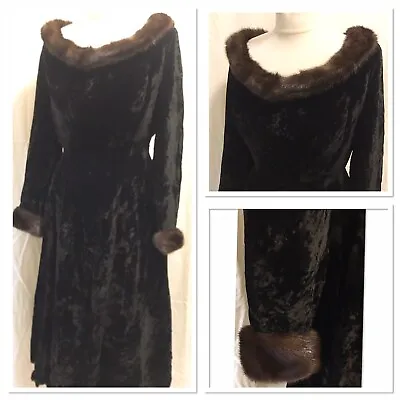 True Vintage 50’s Black Crushed Velvet Dress Brown Fur Trim Collar Cuffs  UK12?? • £38