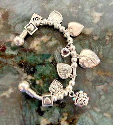 Vintage Sterling Silver Charm Bracelet With 10 Heart Charms Plus Spacers • $45