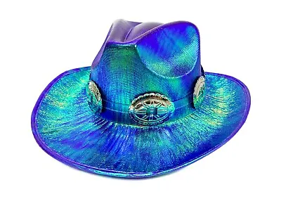 Oval Conch Blue Rainbow Cowboy Hat  Holographic Steampunk Slash Band Pride • $38.99