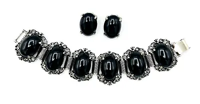 Vintage Silver Tone Black Cabochon Bracelet Clip On Earrings Set • $24