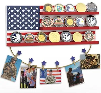 American Flag Military Challenge Coins & Photos Display HolderSolid Wood 3 R... • $24.04