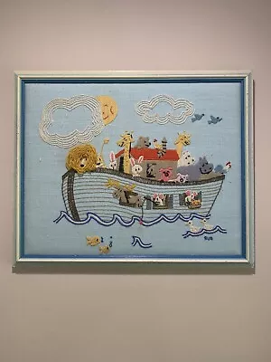 Vintage Embroidered Noahs Ark Artwork Picture 22x18 1970’s • $29.75