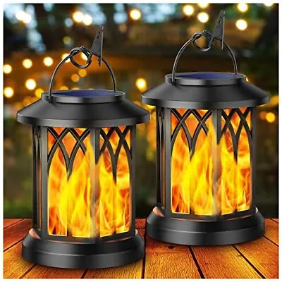 Solar Lights Outdoor Garden Hanging Lanterns W/ Realistic Flickering Flame 2 Pk • £21.56