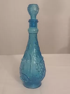 MCM W Label VIMAX Italian CHERRIES GRAPES Art Glass BLUE 13  DECANTER W Stopper • $50.01