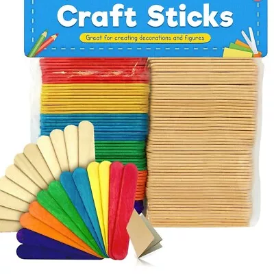 100 Coloured Natural Ice Lolly Lollipop Sticks Wooden Model Craft Sticks 80x14mm • £3.45