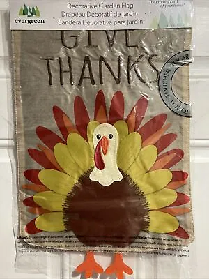 Give Thanks Thanksgiving Turkey 18  X 12.5  Evergreen 2-Sided Burlap Garden Flag • $10.95