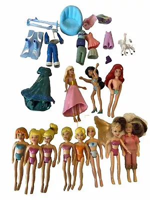 Polly Pocket 8 Dolls & 3 Disney Princess Dolls  Skiing Clip On Dress Rooted Hair • $14.95