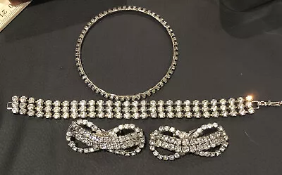 Vintage 1960's Rhinestone Musi Shoe Clip Jewelry Set Bow Knot Style W/ Bracelets • $19.99