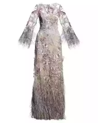 $5995 Marchesa Couture Feathers Metallic Floral Embroidered Gown Grey Pink 3D  6 • $2500