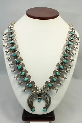 Native American Turquoise 90% Coin Silver Box Bow Squash Blossom Necklace 23'' • $1895