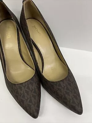 Michael Kors Brown Abbi Flex Monogram Brown Leather Heels Womens New Sz 8.5 (dj) • $34.99