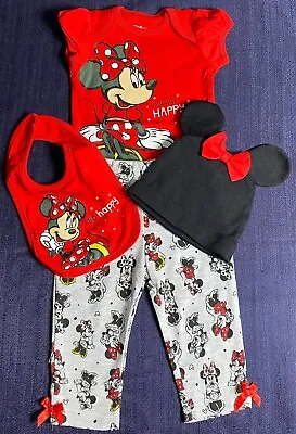 Disney Minnie Mouse Baby Girls Bodysuit Pants Bib And Hat 4 Piece Outfit Set • $18.99