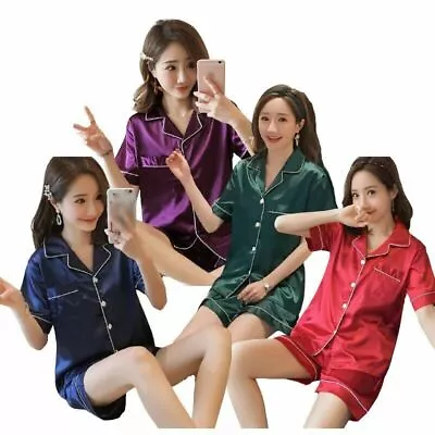 Womens Satin Silk Pyjamas Set Sleepwear Nightwear Ladies Short Sleeve PJ Set UK • £11.99