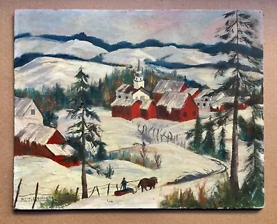 Vintage Primitive Winter Scene Painting Grandma Moses Style By Myrtle Williams • $99.99