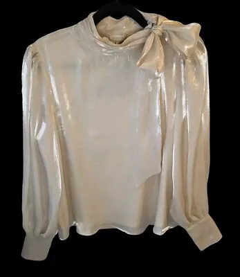 NWT Womens Blouse Size Small Shiny Gold Sheer Champagne Long Sleeve Tie Neck Top • $14.99