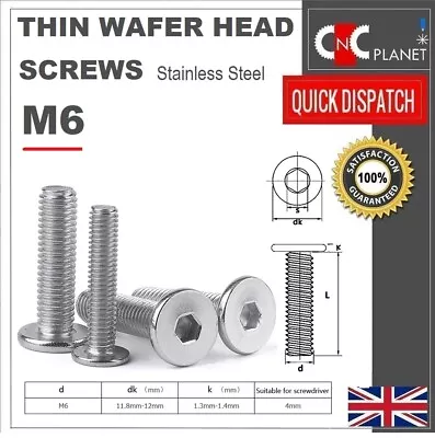 M6 Ultra Thin Wafer Flat Head Low Profile Screws Bolt Allen Key Stainless Steel • £3.95