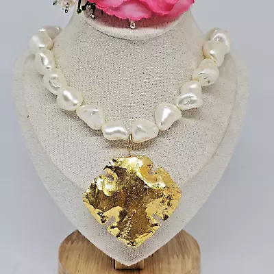 Large White Baroque Pearl Choker Necklace With Gold Tone Maltese Cross Pendant • $39.95