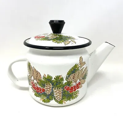 Vintage Small White Enamel Flower Decoration Tea Coffee Pot • $34.29