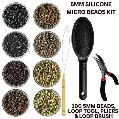 Hair Extension 5mm Silicone Micro Rings Kit 100 1 Pliers Looper And Loop Brush • £12.99