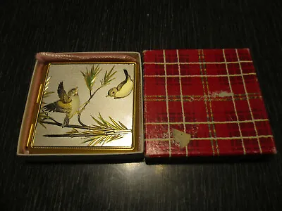 Vintage Mixed Metal Etched Bird Bamboo Gold Tone Mirror Compact Vanity Box • $19.99