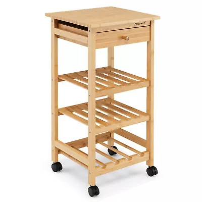 Costway Bamboo Rolling Kitchen Island Utility Trolley Cart W/Drawer & Wine Rack • $95.95