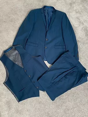 Slaters 165 Blue Slim 3 Piece Suit - Jacket & Waistcoat 42R Trousers 36R • £20
