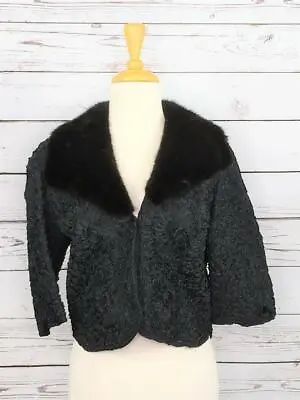 Vintage 50's Ribbon Faux Persian Lamb Cropped Coat Real Mink Collar • $22.50