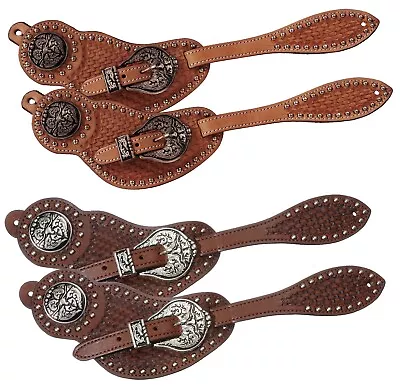 Western Spur Straps - Basketweave Tooling - SteerHead Conchos - 2 Leather Colors • $30.69