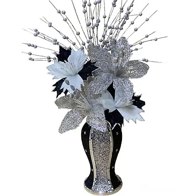 £26.99 • Buy BLACK SILVER VASE WITH FLOWERS MOSAIC CRUSHED CRYSTAL ROMANY BLING 30cms 🏺