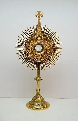 19 1/2  Ht. BEAUTIFUL ANTIQUE CHURCH MONSTRANCE WITH 1 7/8  LUNA  (#998) • $1995