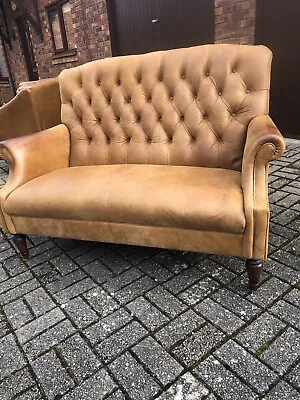 Fine Pale Tan Leather Laura Ashley Chesterfield Two Seat Library Sofa • £750