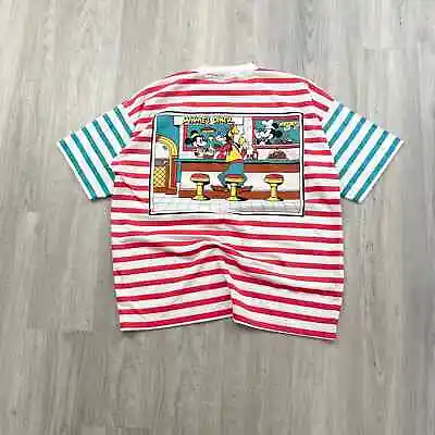 VINTAGE 80s Minnie's Diner Striped Double Sided Shirt Size Medium M Mickey 1980s • $72
