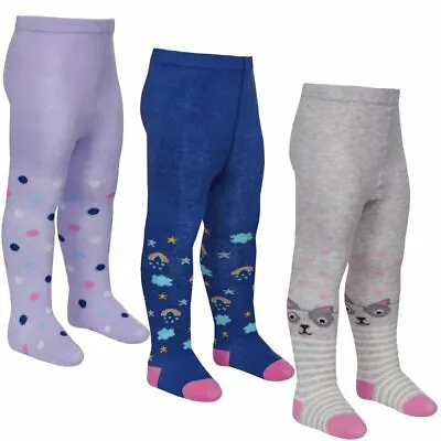 Baby Girls Tights Tick Tock Cat Rainbows & Spots Design 3 Pairs 0-24 Months • £7.95