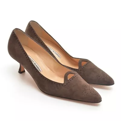 Ladies Manolo Blahnik $595 Perforated Pointed Pump 37.5 / 7 Brown Heel Shoes New • $99.99