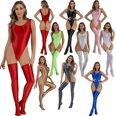 Women Glossy Sleeveless High Cut Bodysuit Backless Leotard+Thigh High Stockings • £3.99