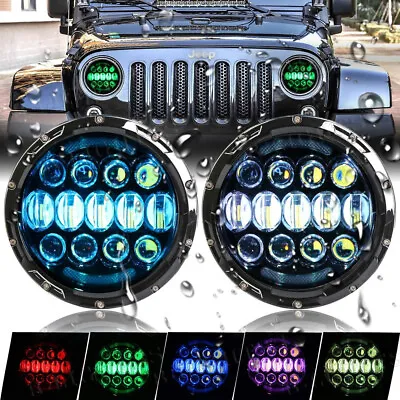 $113.99 • Buy For Jeep Wrangler JK TJ LJ Halo RGB 7'' LED Headlights DRL Lights Combo Kit Pair