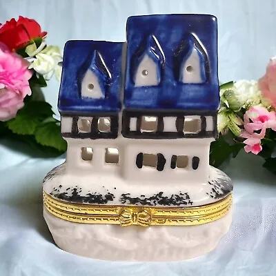 Vintage Porcelain Hand Painted House Shaped Limoges Hinged Trinket Ring Pill Box • $24