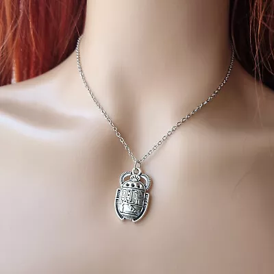 Egyptian Scarab Beetle Pendant 15.5  Chain Necklace Gift Bag Rebirth Eternity UK • £3.99