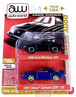 Auto World Black 1986 Ford Mustang SVO Blue 1991 Chevy Camaro Z28 1LE • $18