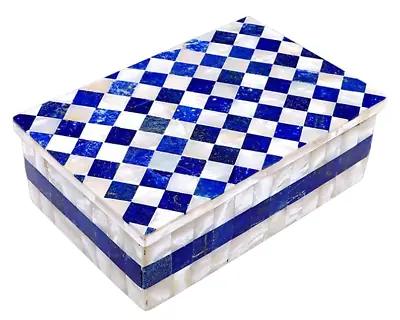 White Marble Top Jewelry Trinket Box Lapis Inlay Stone Mosaic Art Decors Items • $108.90