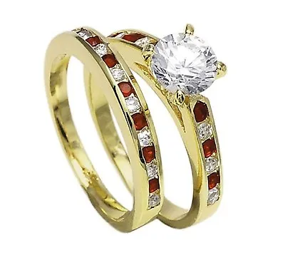  18ct Gold Filled Engagement Wedding Ring  Bridal Set Clear Red Gemstone  217 • £32.99