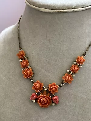 Vtg 14” Molded Plastic Roses & Gold Plated Necklace-costume Jewelry • $17.99