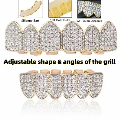 18K Gold Plated Hip Hop Teeth Grillz Top Bottom Mouth Diamond Grill Set Custom • $14.86