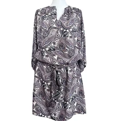 VERONICA M Purple Paisley V Neck Belted Dress | Polyester | Size XS • $38